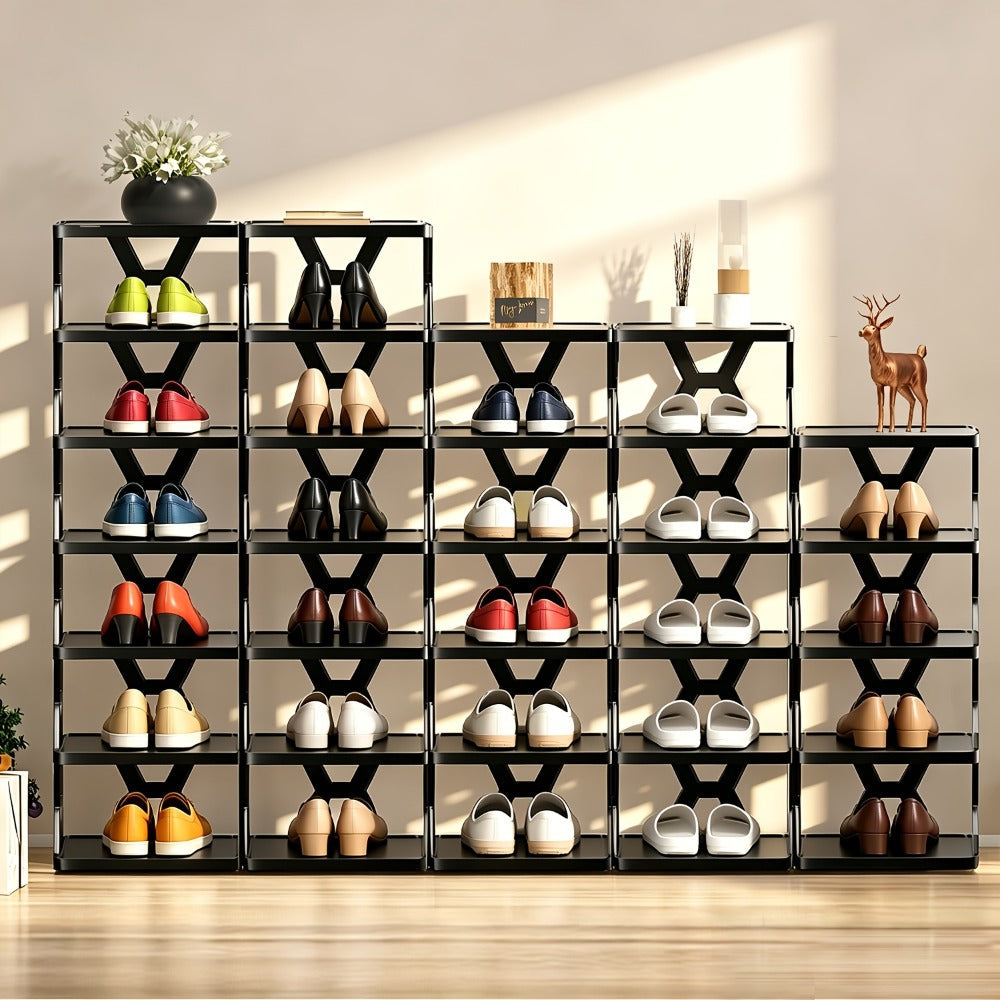 Narrow X-Frame Shoe Rack in Black or White with Six- or Nine-Layer Checkout Configurations
