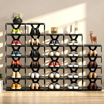 Narrow X-Frame Shoe Rack in Black or White with Six- or Nine-Layer Checkout Configurations