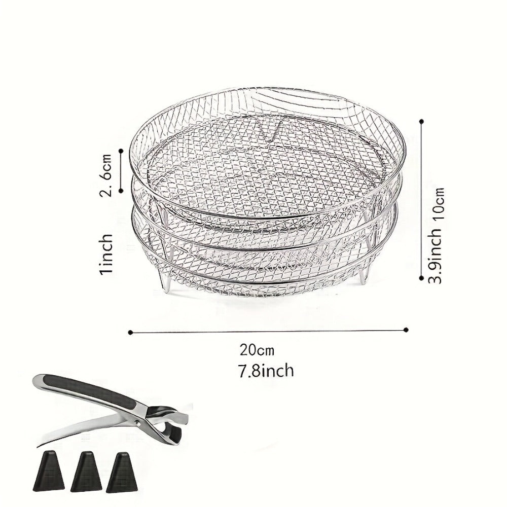 Seven-Piece Round Air Fryer Rack Set with Three Stackable Trays, One Handling Tool and Three Grips