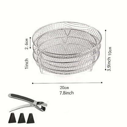 Seven-Piece Round Air Fryer Rack Set with Three Stackable Trays, One Handling Tool and Three Grips