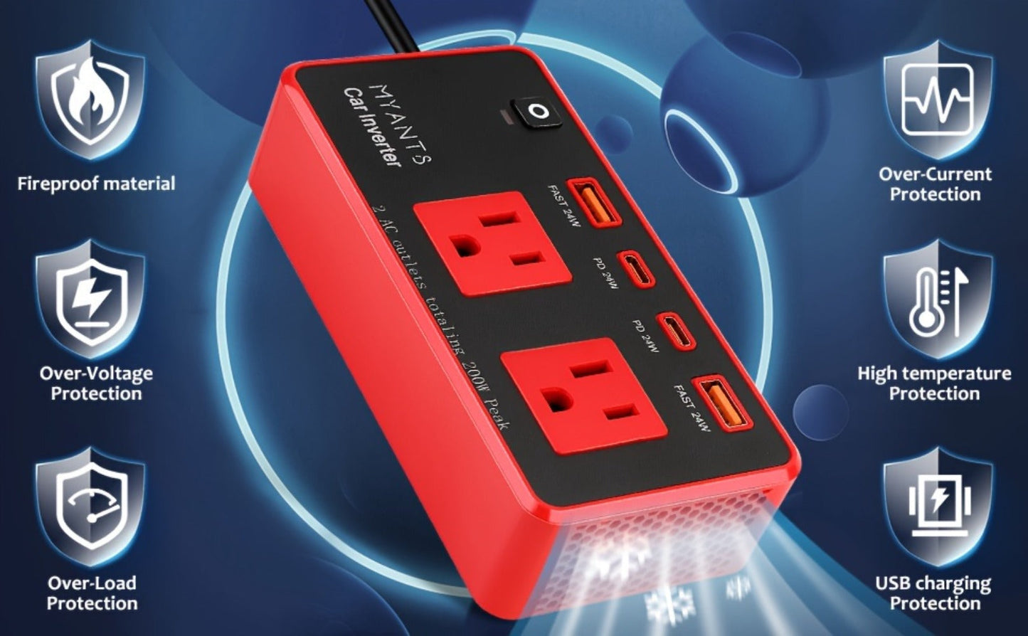 Car Power Inverter 200W – 12V DC to 110V AC, 4 USB Ports (PD & QC 3.0), Fast Charging Car Outlet Adapter for Road Trips