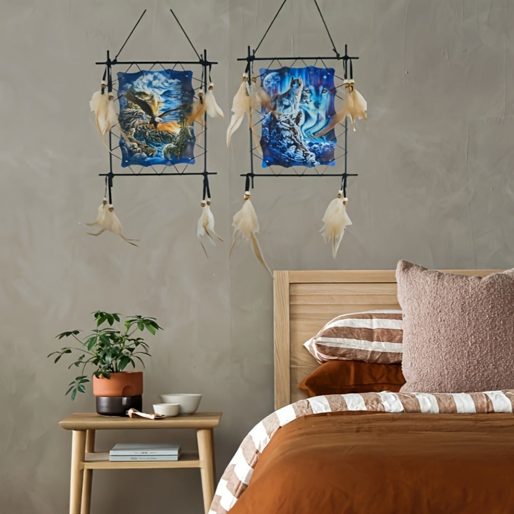 Wolf Eagle Dream Catcher Wall Art 2pcs Canvas Print Boho Native American Totem Hanging Decor with Feathers Wooden Beads Vintage Iron Frame