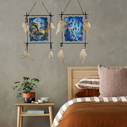 Wolf Eagle Dream Catcher Wall Art 2pcs Canvas Print Boho Native American Totem Hanging Decor with Feathers Wooden Beads Vintage Iron Frame