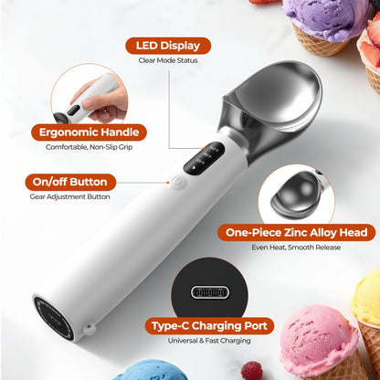 Electric Heated Ice Cream Scoop USB-C Rechargeable with 3 Temperature Settings 120°F 140°F 160°F IPX7 Handle Gift for Ice Cream Lovers