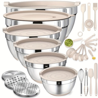 Mixing Bowls Set with Airtight Lids, 26pcs Stainless Steel Bowl Set with 3 Grater Attachments, Bottoms