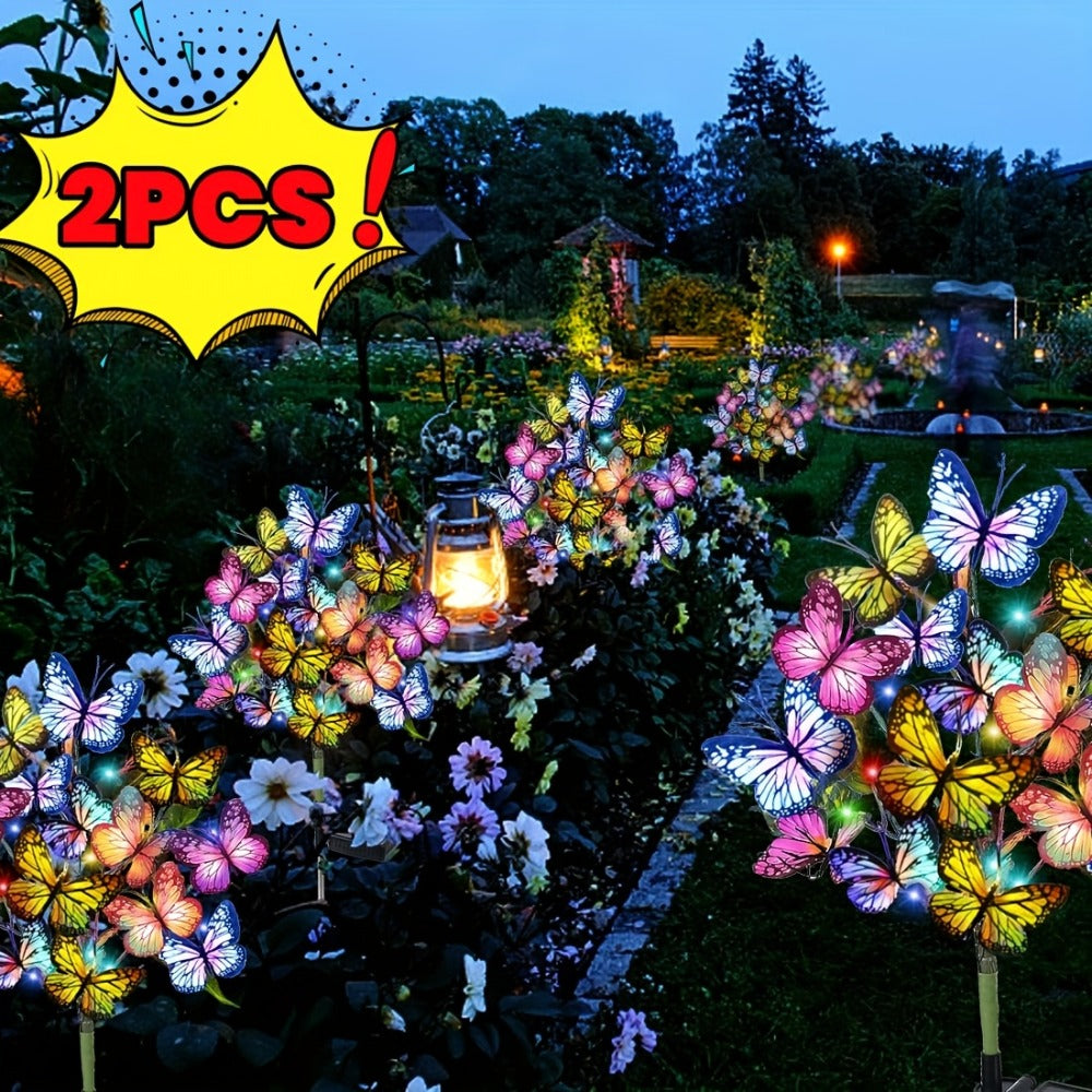Solar Butterfly Garden Stake Lights Outdoor, 2pcs Colorful LED Solar Powered Lawn Insert Lights for Garden