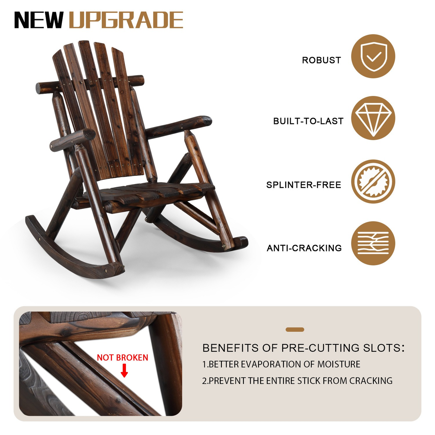 Patio Cedar Rocking Chair 26" Fan-Shaped Backrest Outdoor Rocker for Garden Poolside Patio