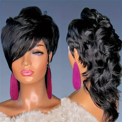 Synthetic Wig 14-Inch Curly-Wave Pixie Mullet with Bangs, 150% Density and Rose Net Cap in Three Colors