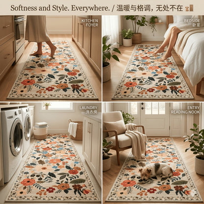 Area Rug for Bedroom, Bohemian Floral Plush Runner with Four Machine-Washable Sizes for Bedroom or Kitchen