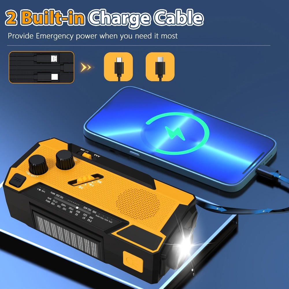 2000mAh AM/FM/NOAA Emergency Radio with Built-In Charging Cables, Solar Panel, Hand Crank and Three Colors