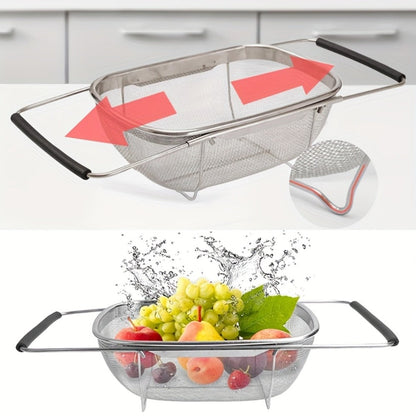 Stainless Steel Colander Expandable Fine Mesh Drain Basket Strainer for Vegetables Fruits for Home Cooking, Dining and Outdoor Meals