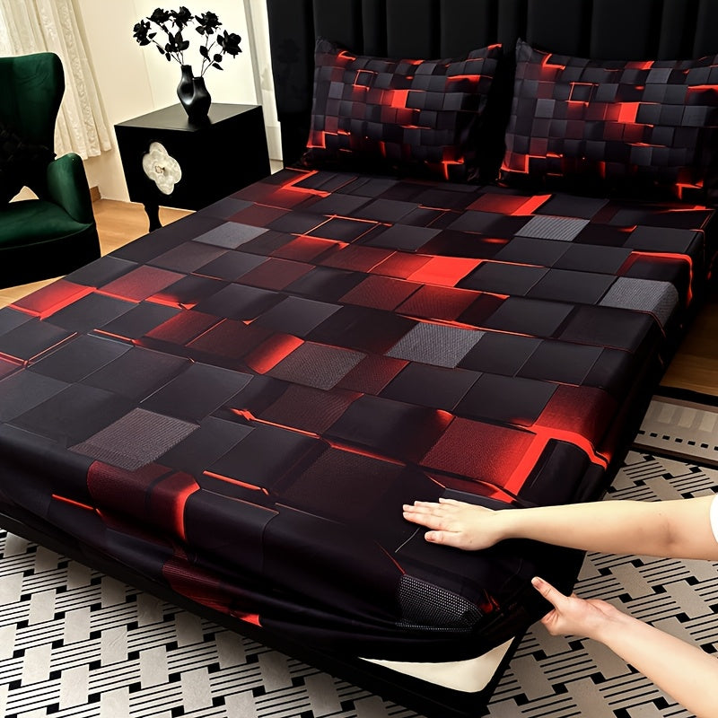 Fitted Sheet Set 3pcs Plaid Digital Print Deep Pocket 15" All Season Bed Sheet + 2 Pillowcases No Filling Twin Full Queen King