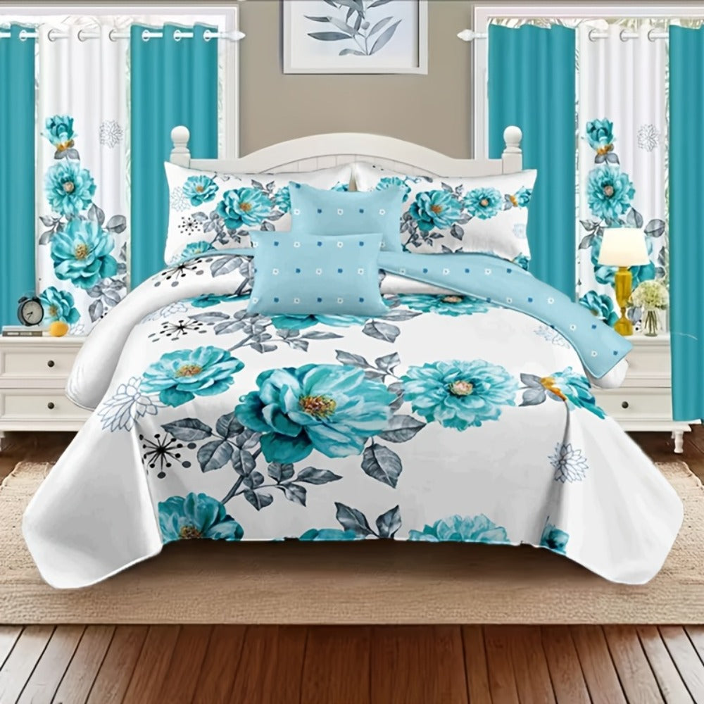 Botanical Floral Comforter and Pillowcase Set in Pink, Cyan or Lake Blue with Twin, Queen and King Sizes