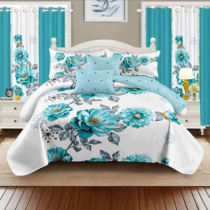 Botanical Floral Comforter and Pillowcase Set in Pink, Cyan or Lake Blue with Twin, Queen and King Sizes