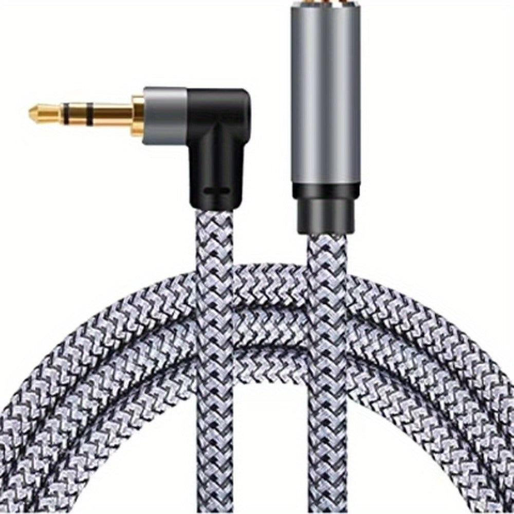 Right-Angle Elbow 3.5mm Female to Male AUX Extension Cable, Tinned Copper Core, Round Tangle-Free Design