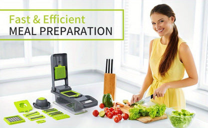 Vegetable Chopper 16-in-1 Manual Food Chopper Set, 8 Interchangeable Blades with Container, Grater & Strainer
