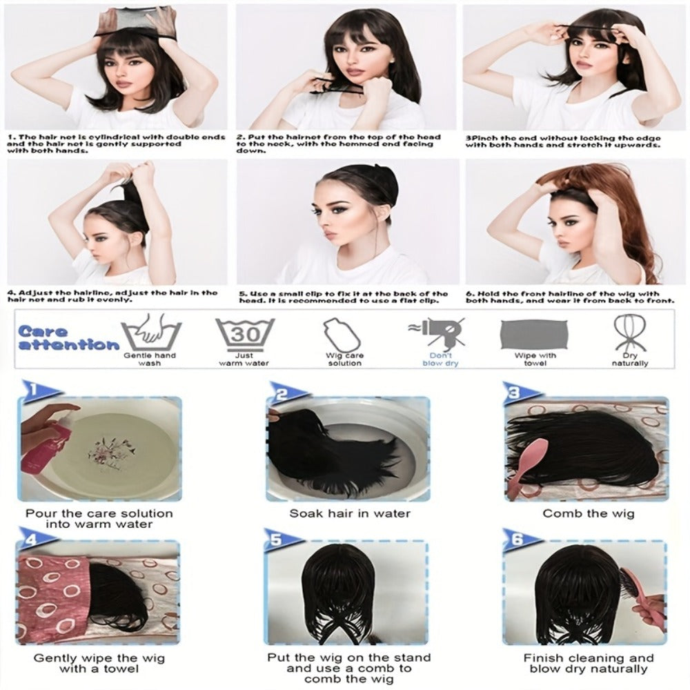 Synthetic Wig 16-Inch White Gradient Straight Style with Bangs and Glueless Rose Net Cap for Cosplay