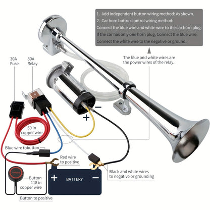 Air Horn Kit for Trucks – Super Loud 18" Single Trumpet Train Horn with Compressor, 12V/24V Universal Fit for Truck, Car, SUV, Jeep