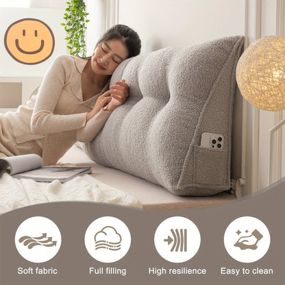 Bed Wedge Pillow Headboard Pillow with Side Pockets Removable Cover Teddy Velvet Reading Pillow Twin Queen King