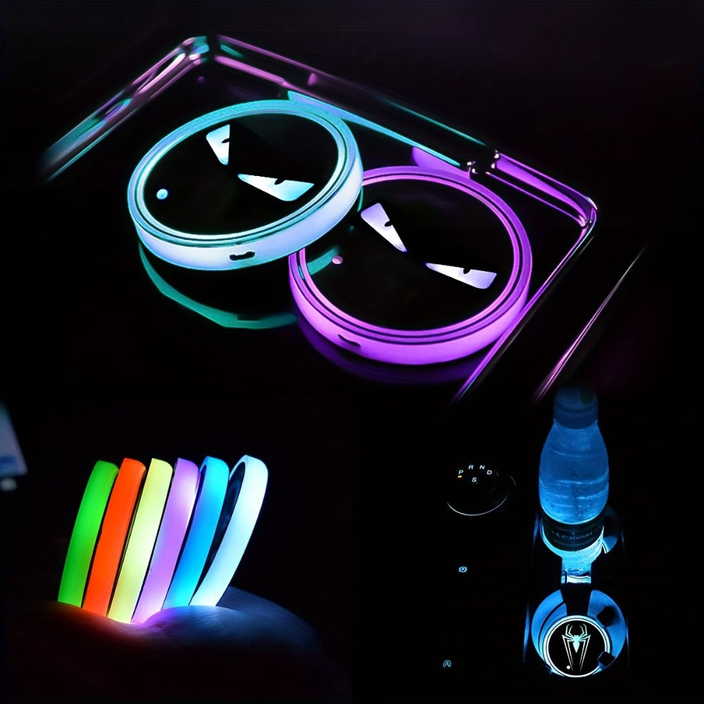 LED Neon Car Cup Holder Coasters – 7 Color USB Rechargeable Glowing Cup Mats, Ambient Light for Car Interior, Bar & Home Decor (Set of 2
