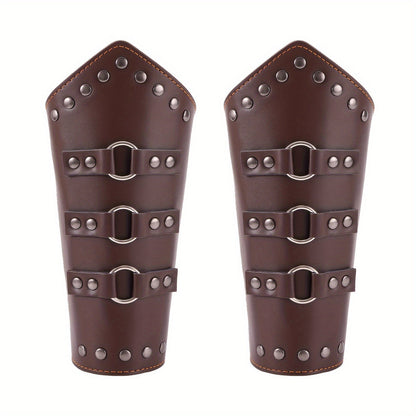 Medieval Arm Bracers 2pcs PU Leather Gauntlet Wristbands for Men, Renaissance Knight Warrior Viking Cosplay Costume Prop for Halloween LARP