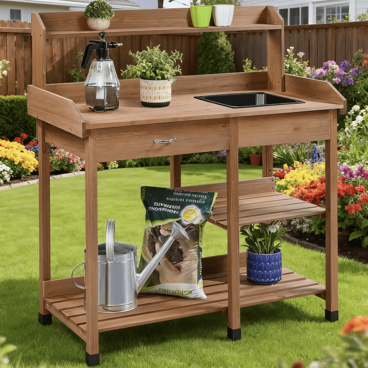 Garden Potting Table 4-Tier with Removable Sink, Adjustable Shelf, Drawer & Side Hooks, Outdoor Planter Stand for Yard Greenhouse in Wood