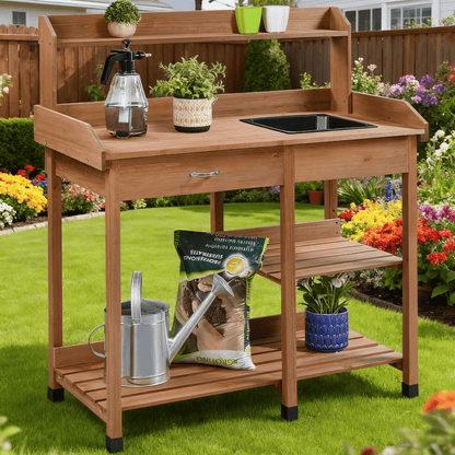 Garden Potting Table 4-Tier with Removable Sink, Adjustable Shelf, Drawer & Side Hooks, Outdoor Planter Stand for Yard Greenhouse in Wood