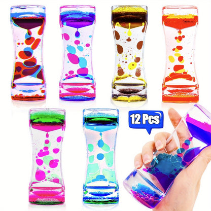 Liquid Motion Bubbler Timer 6 12 Pack Sensory Fidget Toys for Kids Adults, Colorful Liquid Hourglass Desk Toy for Stress