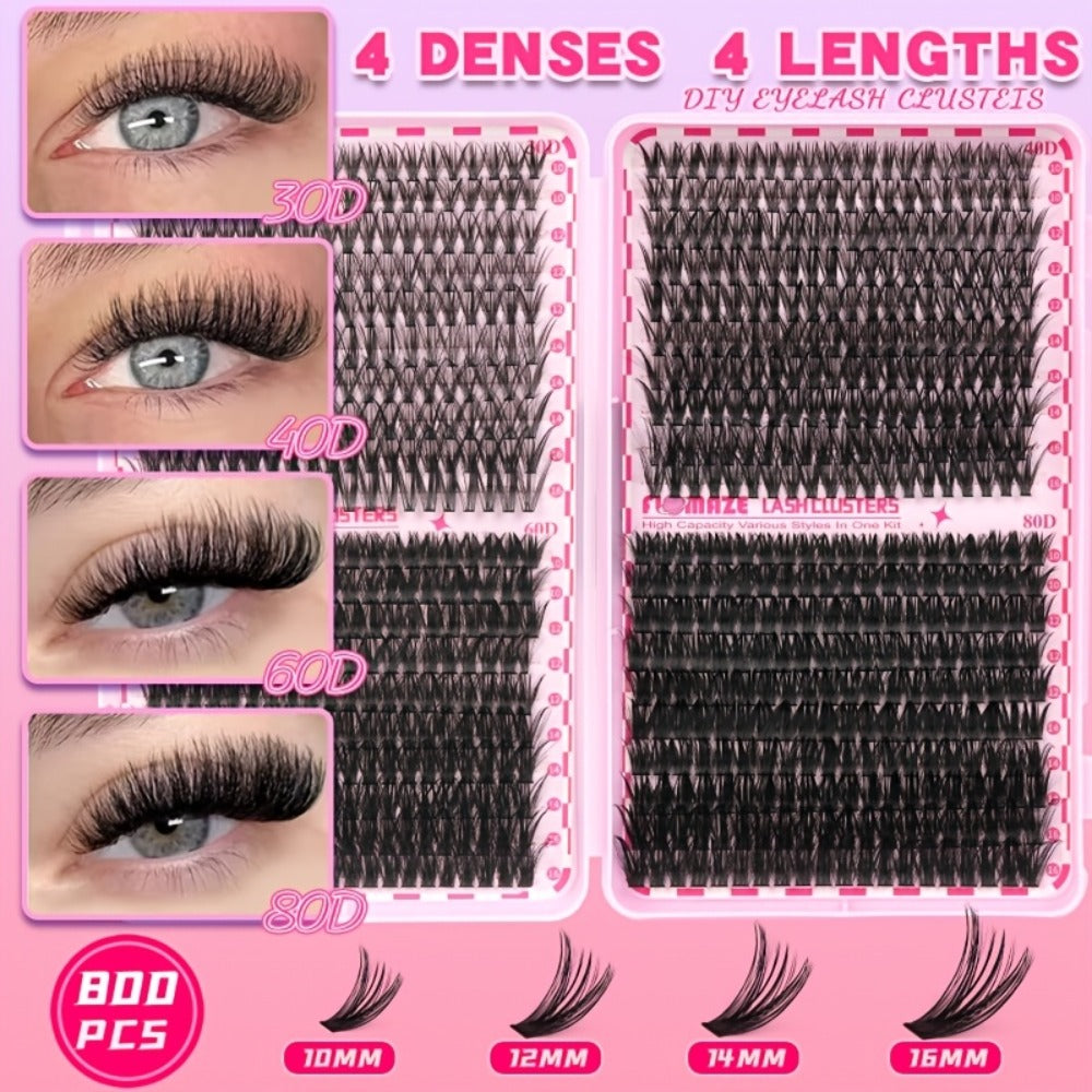 800-Piece 30D–80D Volume Lash Cluster Kit with Mixed 10–16mm Lengths and Pink Application Set