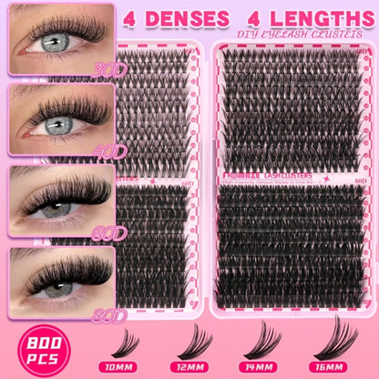 800-Piece 30D–80D Volume Lash Cluster Kit with Mixed 10–16mm Lengths and Pink Application Set