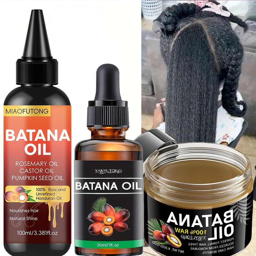 Three-Piece Batana Hair Care Kit with 3.38 oz Pointed Oil Bottle, Dropper and Cream Formats
