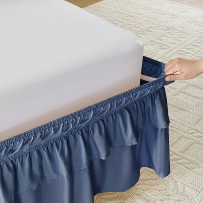 Double Ruffle Bed Skirt 16" Drop, Elastic Wrap Around Dust Ruffle for Twin Full Queen King Bed, Easy Install Linen Poly Blend Bedskirt