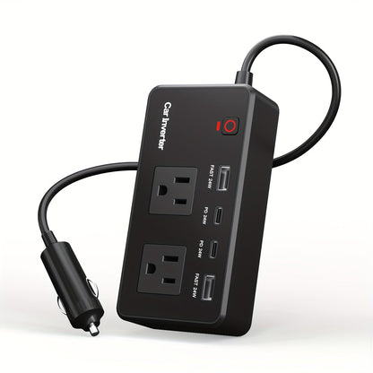 200W Car Power Inverter DC 12V to 110V AC Outlet + USB-C & USB-A 4.8A 24W, Car Plug Adapter Converter for Laptop Camping Travel Road Trip