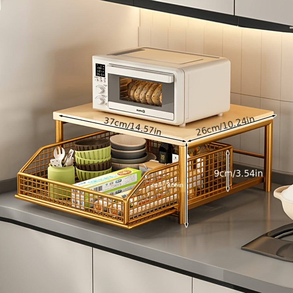 2-Tier Kitchen Countertop Organizer with Drawer & Wire Basket, Hardwood & Metal Storage Shelf for Coffee Maker