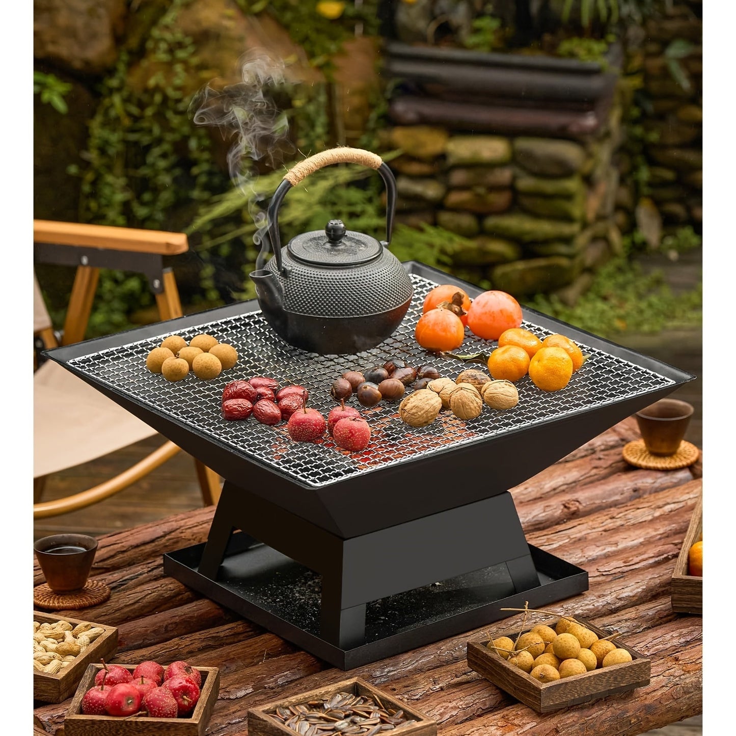 18.5-Inch Black Square Fire Pit and Grill with Mesh Pyramid Cover, Cooking Grate and Long Poker