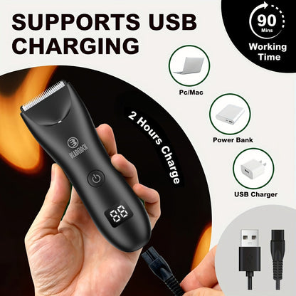 Manscaping Trimmer for Men IPX7 Waterproof Electric Groin & Ball Trimmer Ceramic Blades LCD Battery Display Replaceable Head