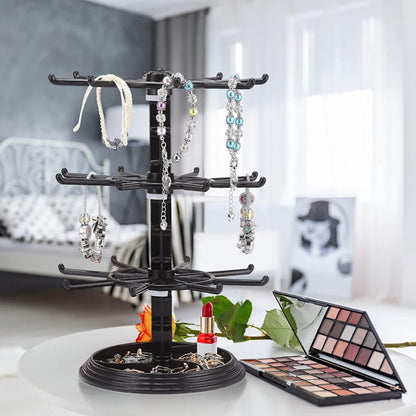 Jewelry Organizer 2-Tier Rotating Black Plastic Stand for Necklaces, Bracelets, Earrings and Keychains