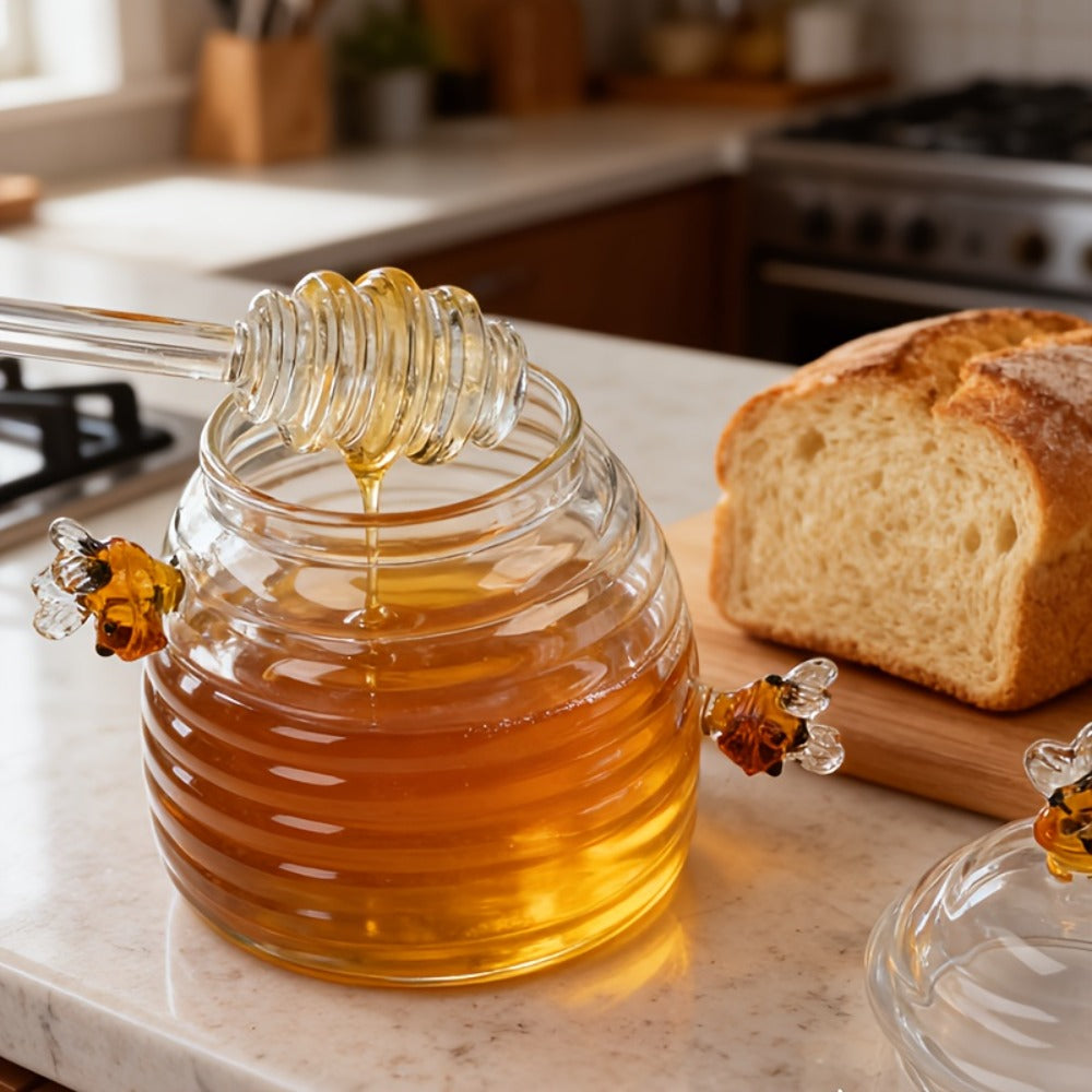 480ml Beehive-Shaped Glass Storage Jar with Honeycomb Accents, Matching Lid and Spiral-Ended Stirrer