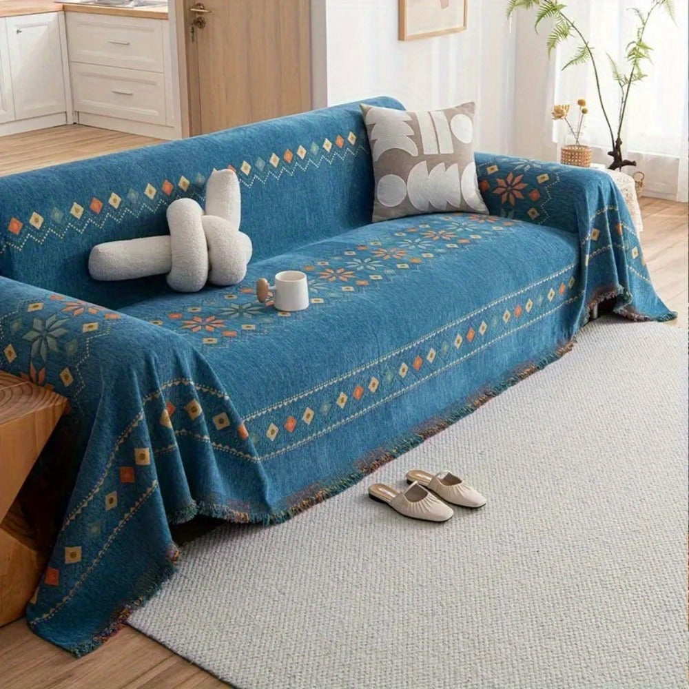 Sofa Cover Bohemian Embroidered Chenille Knit Throw with No Padding in Four Sizes and Five Colors