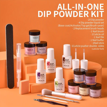 Dip Powder Nail Kit with NOCIS Label, 20 Pink Purple Brown Glitter Powders, Four Liquids and Nail Tools