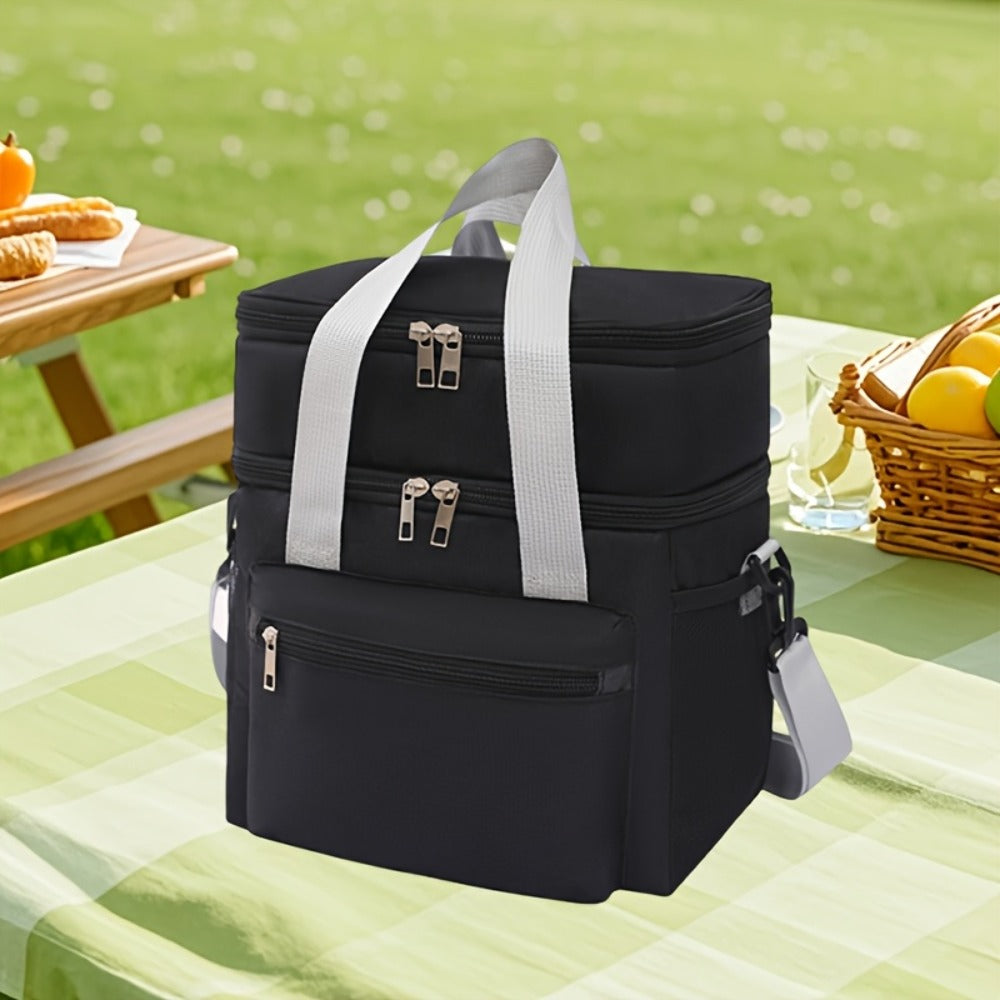 Double-Layer Lunch Bag Tote with Upper and Lower Compartments, Shoulder Strap and Four Colors