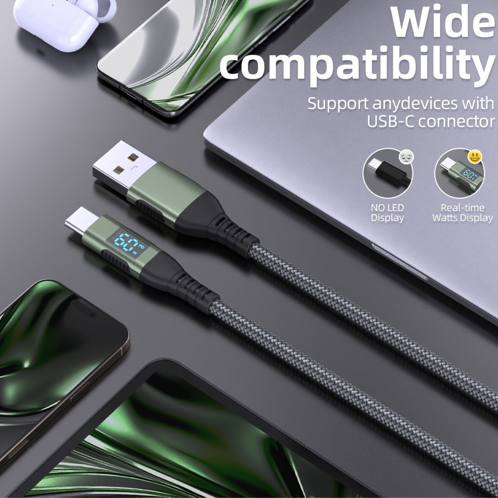 USB-A to USB-C Cable with LED Digital Display, 3A Fast Charging & 480Mbps Data Sync, Nylon Braided Anti-Overheat