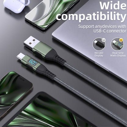 USB-A to USB-C Cable with LED Digital Display, 3A Fast Charging & 480Mbps Data Sync, Nylon Braided Anti-Overheat