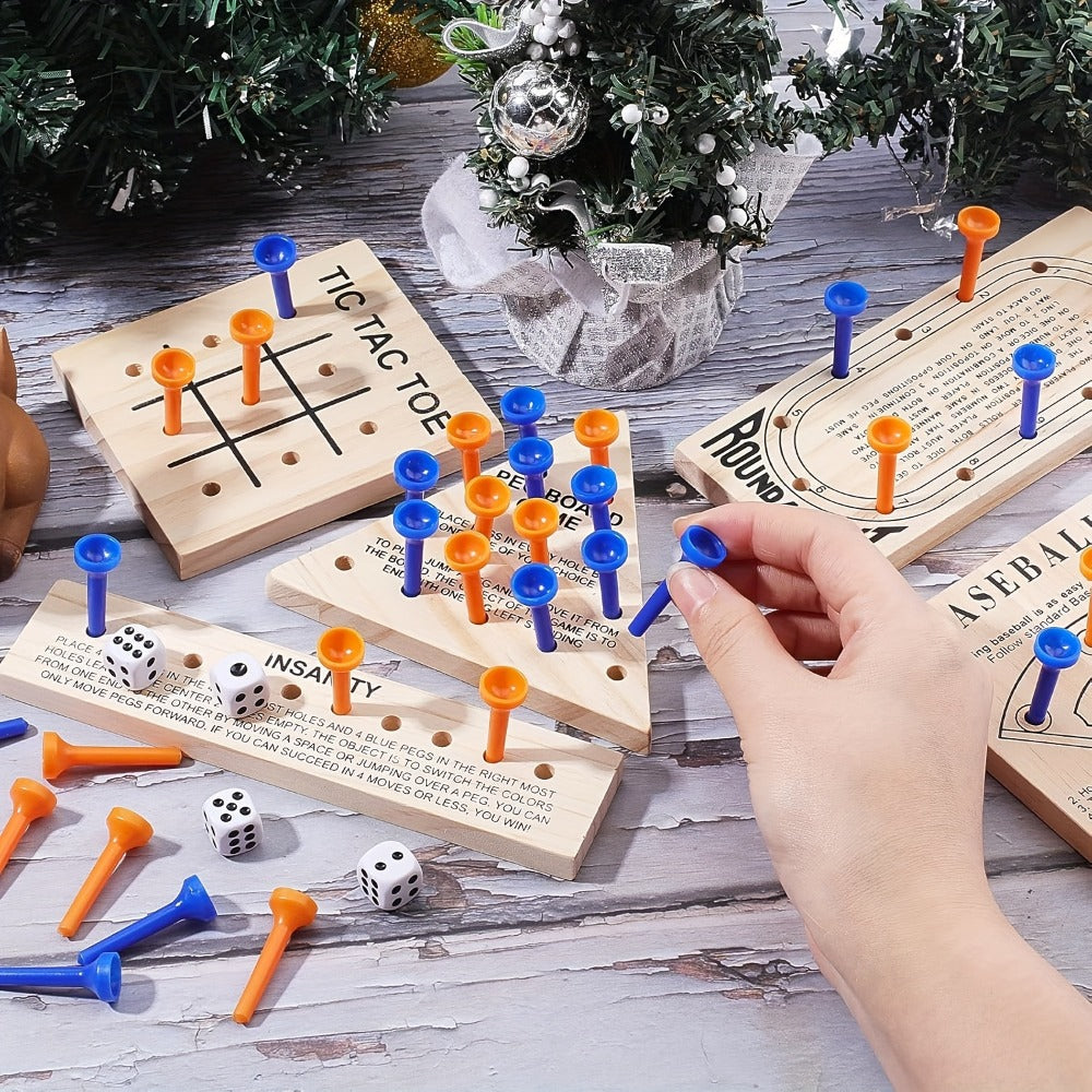 Wooden Board Game Set 5-in-1 – Luban Lock Puzzle Brain Games with Peg Board, Dice & Plastic Pieces, Classic Family Strategy Games Kit