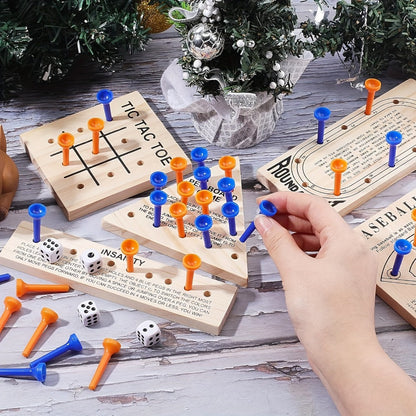 Wooden Board Game Set 5-in-1 – Luban Lock Puzzle Brain Games with Peg Board, Dice & Plastic Pieces, Classic Family Strategy Games Kit