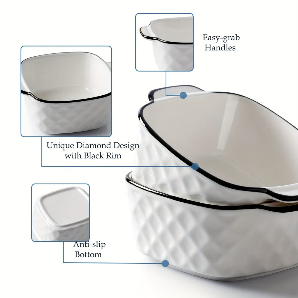Ceramic Baking Dish Set 4-Piece, 13oz Small Square Ceramic Casserole Dishes with Handles, Diamond Design Oven & Bakeware