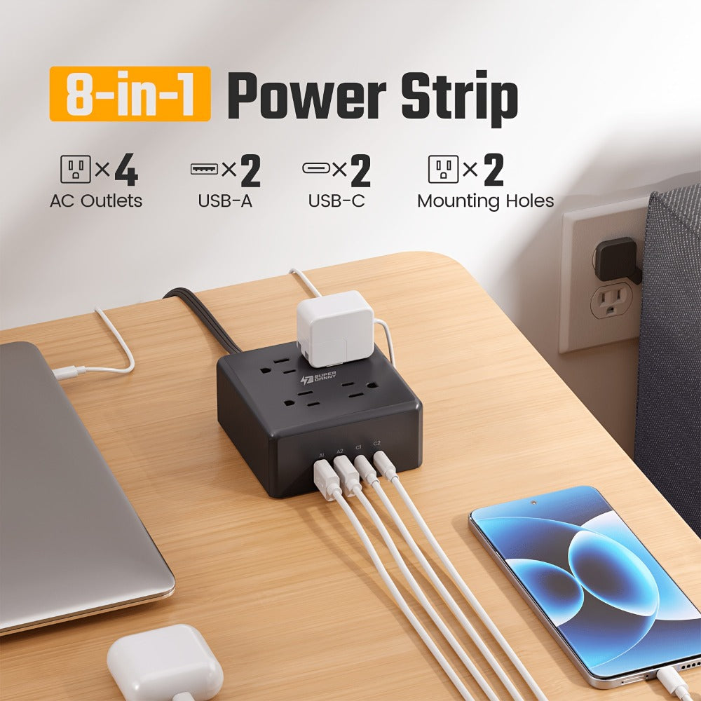 Power Strip 8-in-1 with 4 Widely Spaced AC Outlets, 4 USB Ports and 5-Foot Cord in Three Color Options