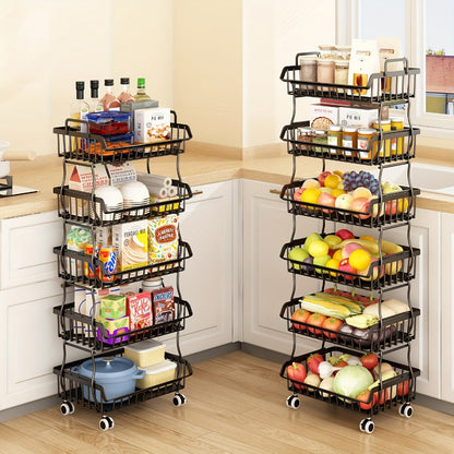 6-Tier Stackable Metal Wire Storage Basket Organizer with Wheels – Rolling Kitchen Pantry Rack for Fruits Vegetables Utensils