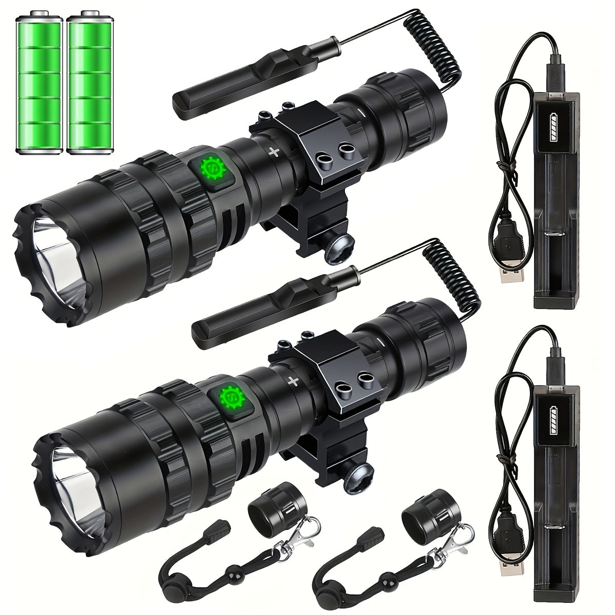 Picatinny Rail Flashlight 2 Pack – High Lumen Tactical Torch, 5 Modes, USB Rechargeable, 20mm Rail Mount, Wrist Strap & Remote Switch