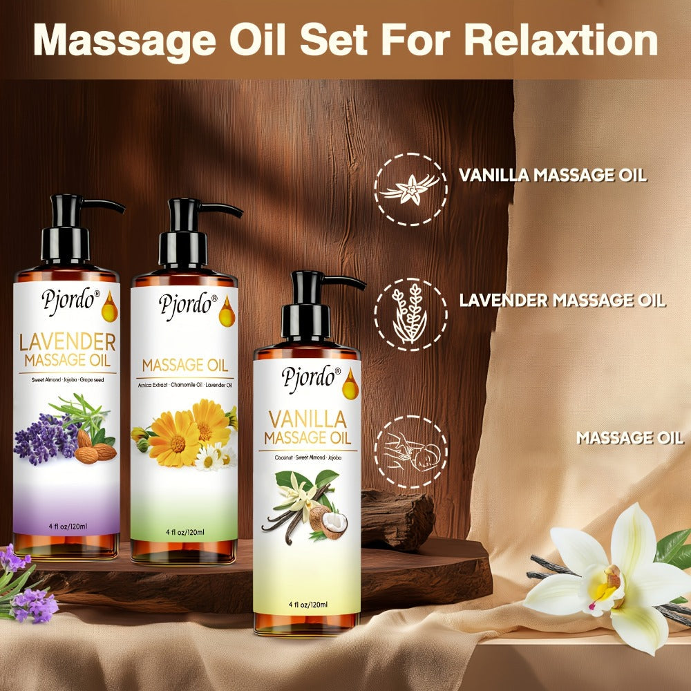 Massage Oil Set 3pcs Roller Ball, Vanilla Arnica & Lavender Essential Oils Moisturizing Body Massage Kit